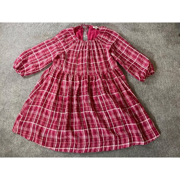 Madewell Baby Doll Dress Plaid Pink/White Puff Sleeve Keyhole Back Small - Picture 1 of 13
